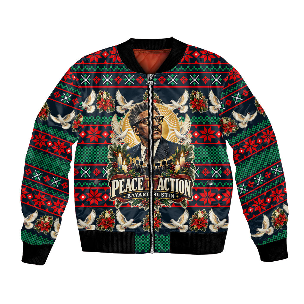 Bayard Rustin Peace In Action Christmas Bomber Jacket Civil Rights Leader Holiday Floral Dove Peace Ugly Pattern