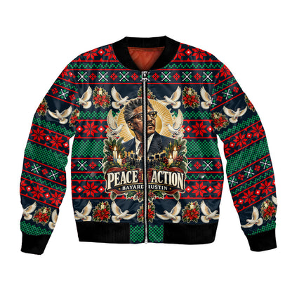 Bayard Rustin Peace In Action Christmas Bomber Jacket Civil Rights Leader Holiday Floral Dove Peace Ugly Pattern