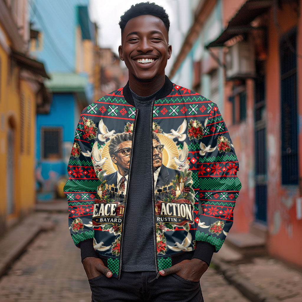 Bayard Rustin Peace In Action Christmas Bomber Jacket Civil Rights Leader Holiday Floral Dove Peace Ugly Pattern