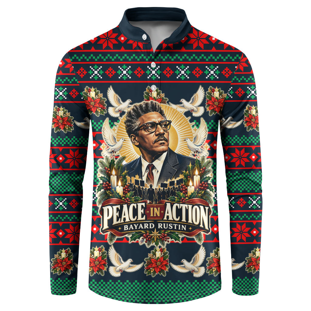 Bayard Rustin Peace In Action Christmas Button Sweatshirt Civil Rights Leader Holiday Floral Dove Peace Ugly Pattern
