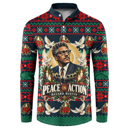 Bayard Rustin Peace In Action Christmas Button Sweatshirt Civil Rights Leader Holiday Floral Dove Peace Ugly Pattern