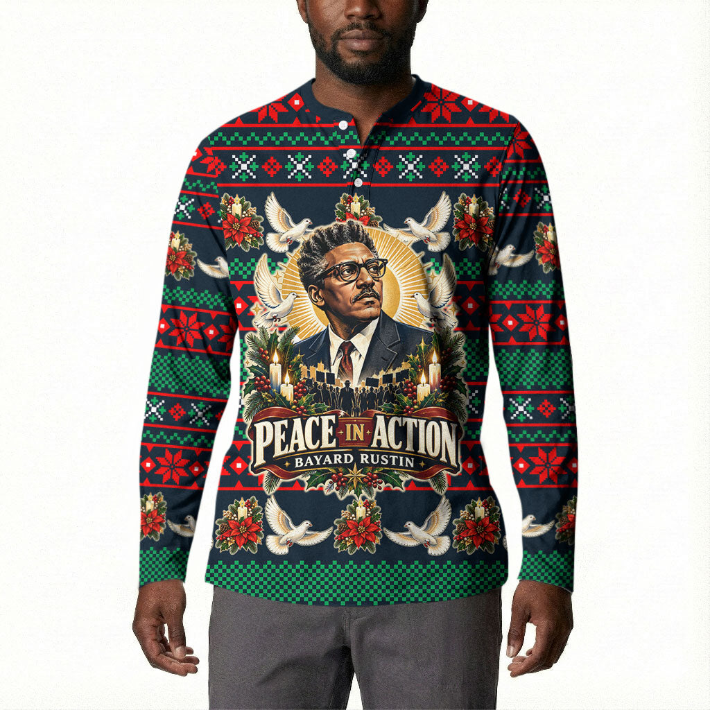 Bayard Rustin Peace In Action Christmas Button Sweatshirt Civil Rights Leader Holiday Floral Dove Peace Ugly Pattern