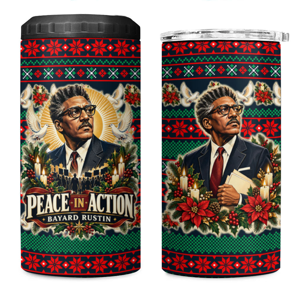 Bayard Rustin Peace In Action Christmas 4 in 1 Can Cooler Tumbler Civil Rights Leader Holiday Floral Dove Peace Ugly Pattern