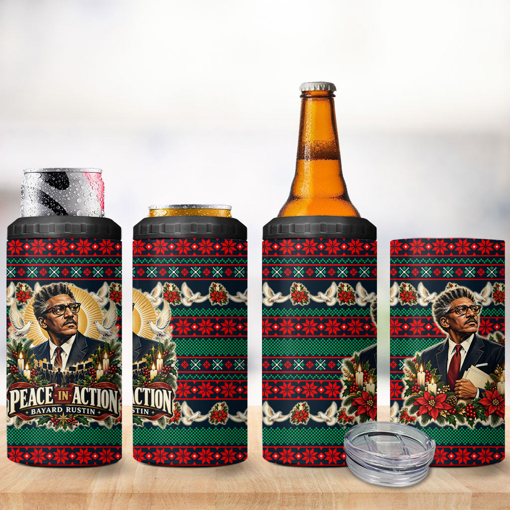 Bayard Rustin Peace In Action Christmas 4 in 1 Can Cooler Tumbler Civil Rights Leader Holiday Floral Dove Peace Ugly Pattern
