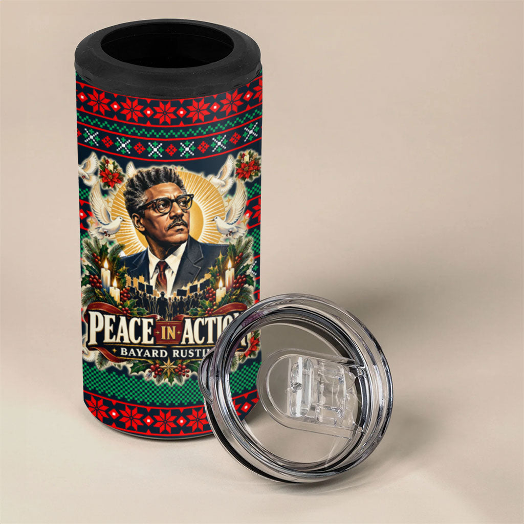 Bayard Rustin Peace In Action Christmas 4 in 1 Can Cooler Tumbler Civil Rights Leader Holiday Floral Dove Peace Ugly Pattern