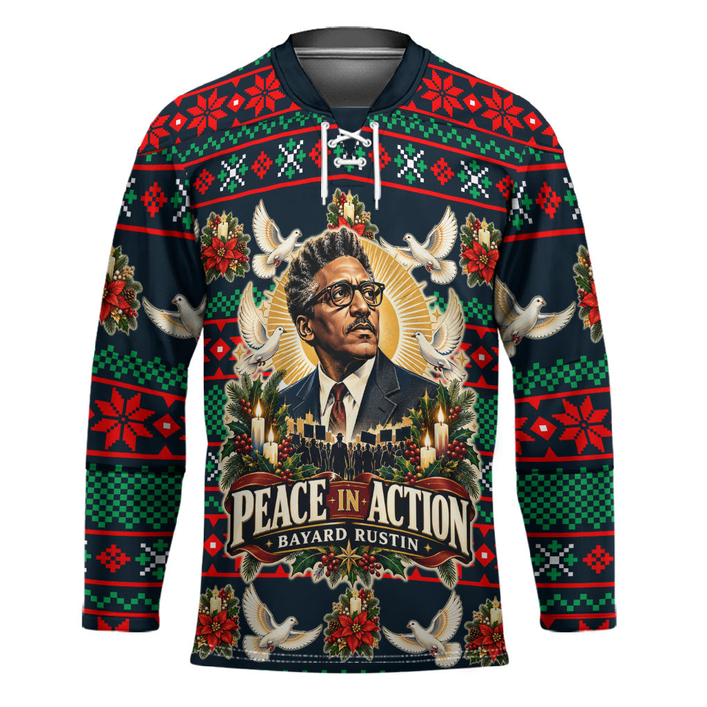 Bayard Rustin Peace In Action Christmas Hockey Jersey Civil Rights Leader Holiday Floral Dove Peace Ugly Pattern