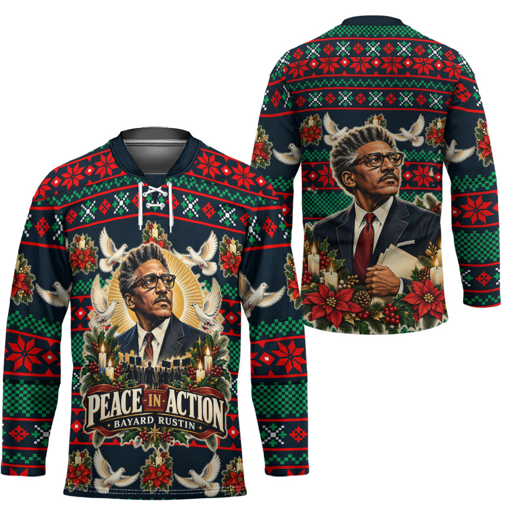 Bayard Rustin Peace In Action Christmas Hockey Jersey Civil Rights Leader Holiday Floral Dove Peace Ugly Pattern