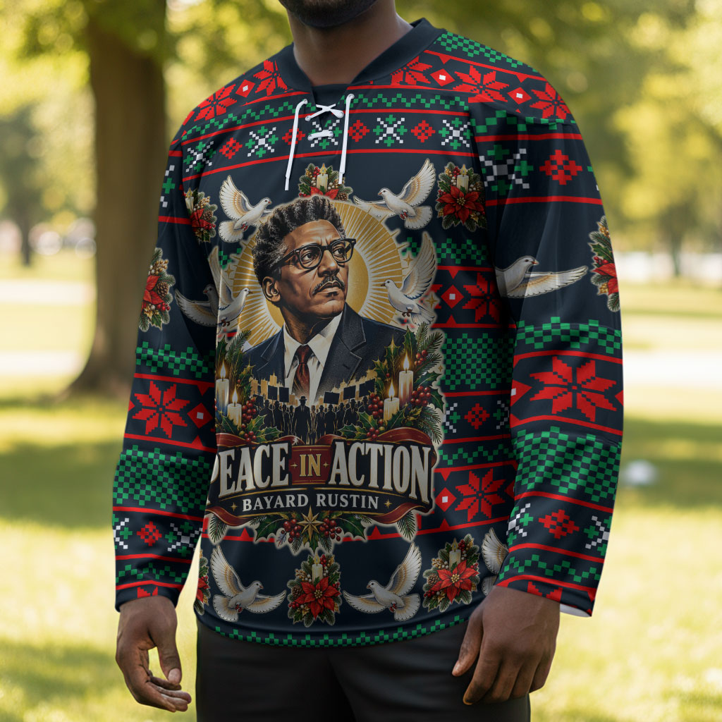 Bayard Rustin Peace In Action Christmas Hockey Jersey Civil Rights Leader Holiday Floral Dove Peace Ugly Pattern