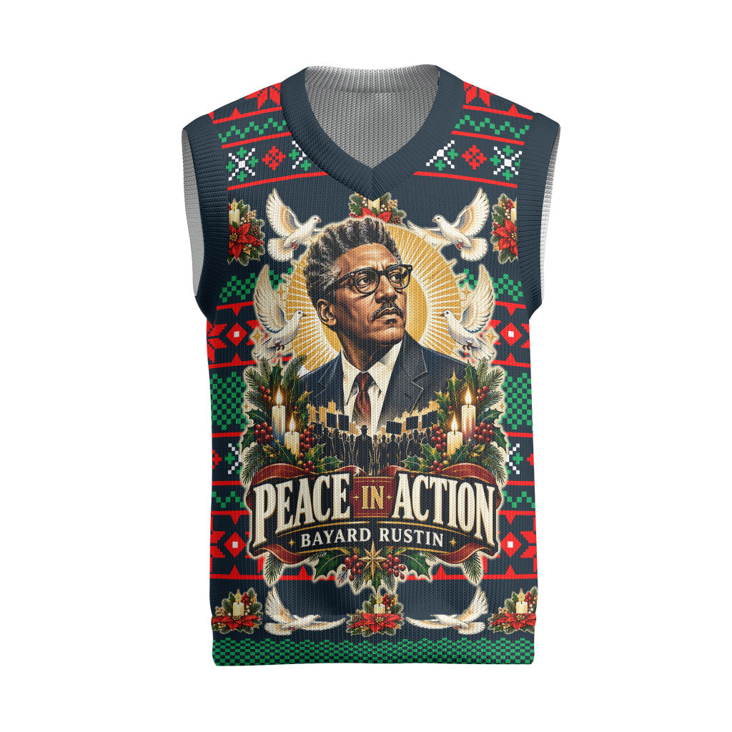 Bayard Rustin Peace In Action Christmas Knitted V-Neck Vest Civil Rights Leader Holiday Floral Dove Peace Ugly Pattern