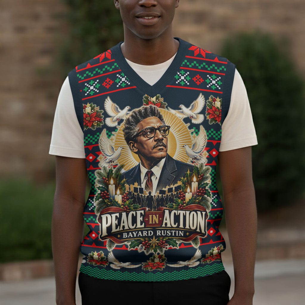 Bayard Rustin Peace In Action Christmas Knitted V-Neck Vest Civil Rights Leader Holiday Floral Dove Peace Ugly Pattern