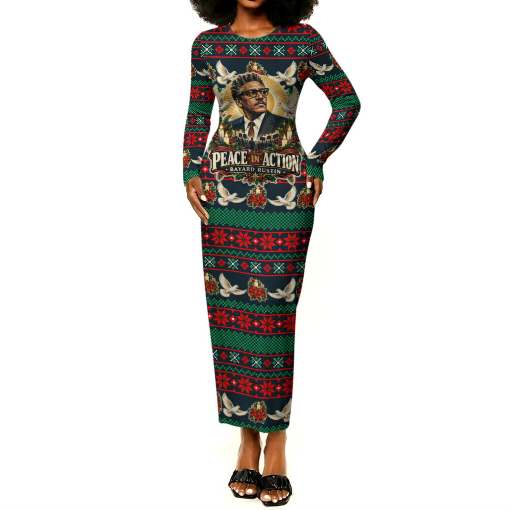 Bayard Rustin Peace In Action Christmas Long Sleeve Bodycon Dress Civil Rights Leader Holiday Floral Dove Peace Ugly Pattern