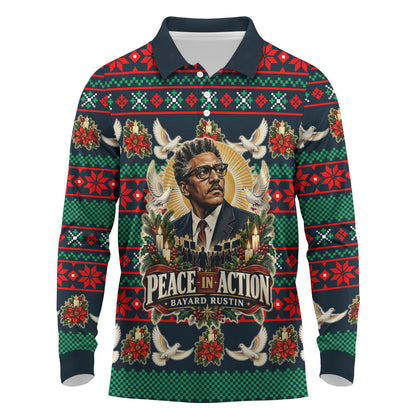 Bayard Rustin Peace In Action Christmas Long Sleeve Polo Shirt Civil Rights Leader Holiday Floral Dove Peace Ugly Pattern