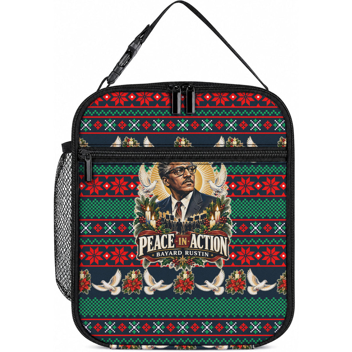 Bayard Rustin Peace In Action Christmas Lunch Bag Civil Rights Leader Holiday Floral Dove Peace Ugly Pattern