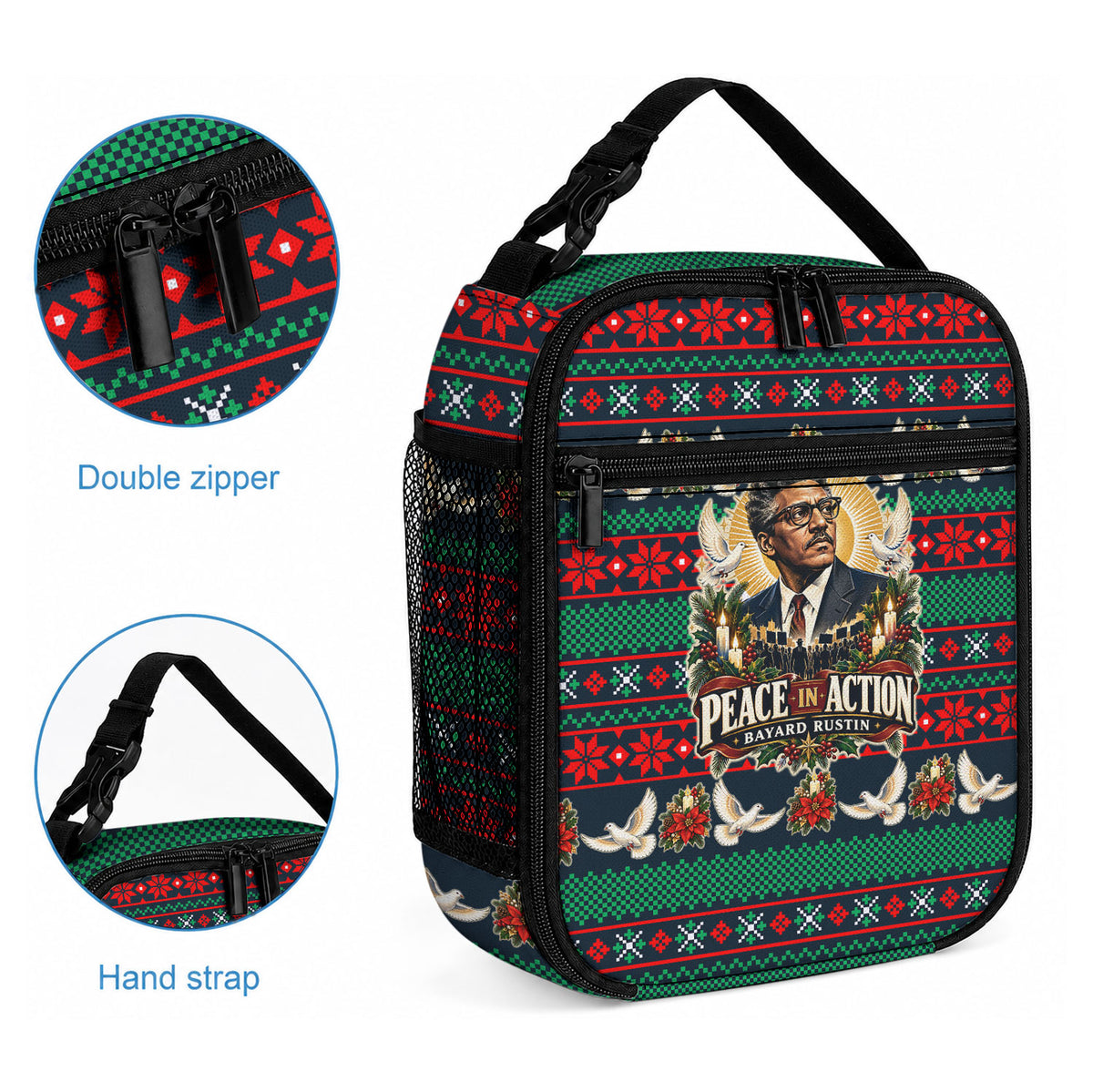 Bayard Rustin Peace In Action Christmas Lunch Bag Civil Rights Leader Holiday Floral Dove Peace Ugly Pattern