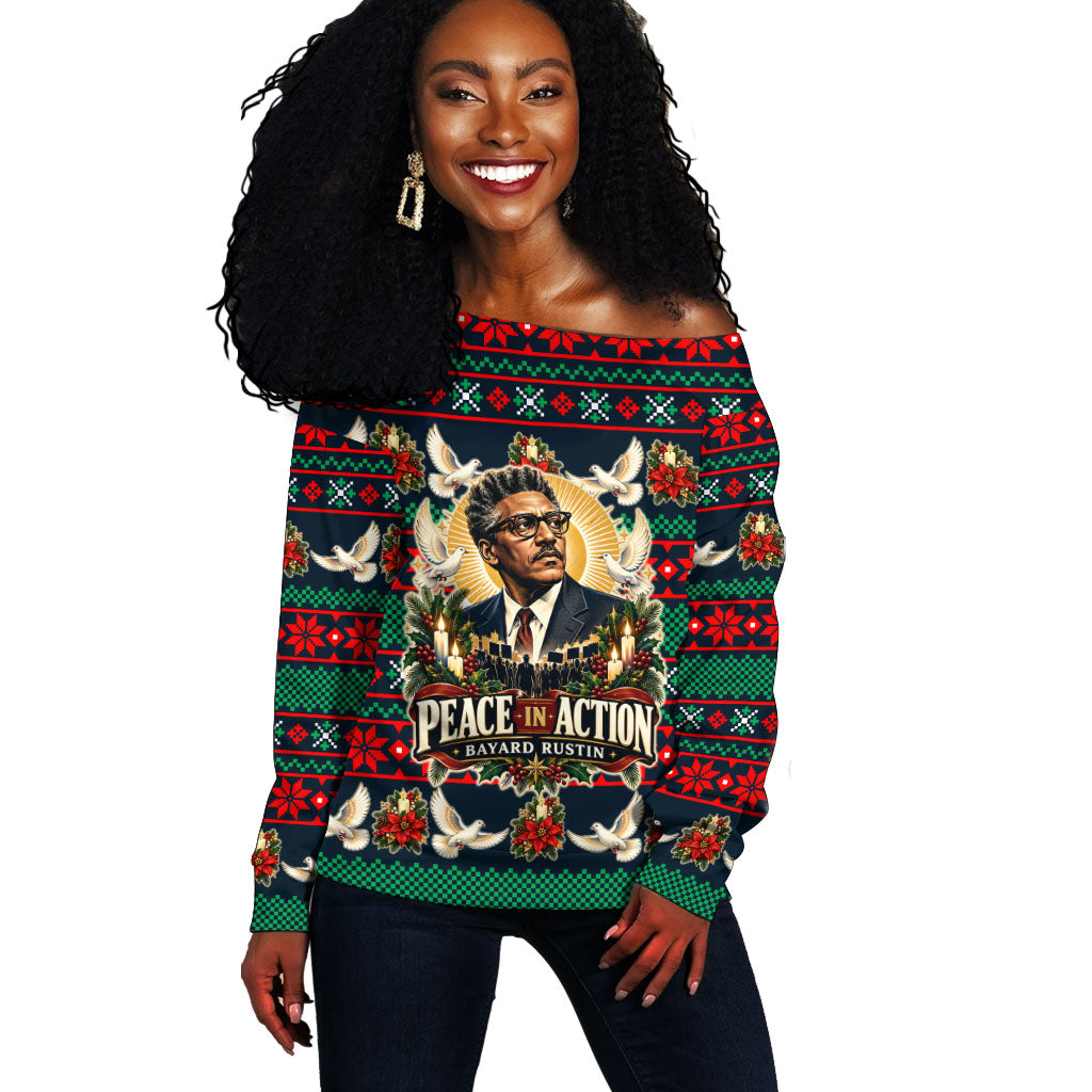 Bayard Rustin Peace In Action Christmas Off Shoulder Sweater Civil Rights Leader Holiday Floral Dove Peace Ugly Pattern