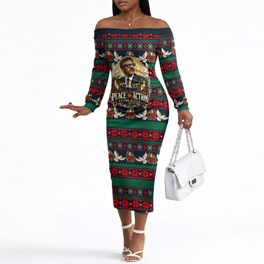 Bayard Rustin Peace In Action Christmas Off The Shoulder Long Sleeve Dress Civil Rights Leader Holiday Floral Dove Peace Ugly Pattern