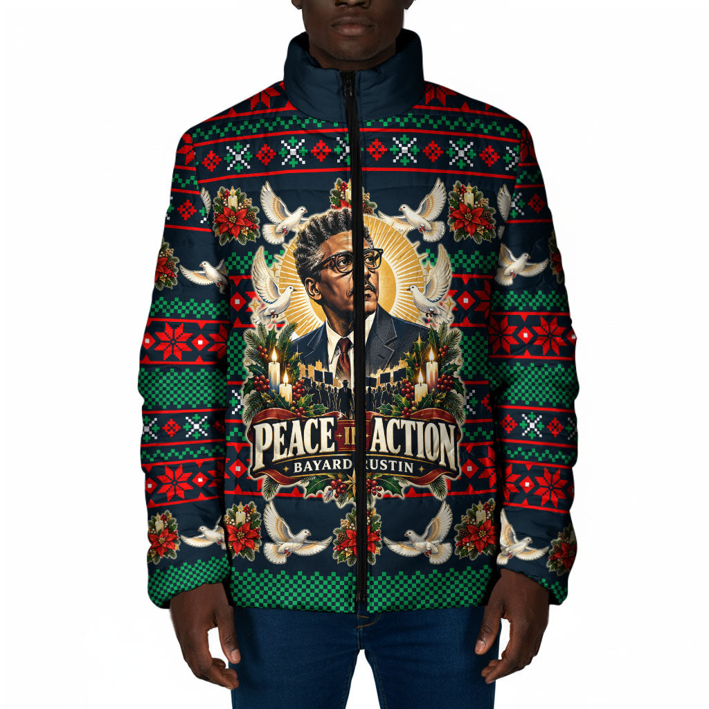 Bayard Rustin Peace In Action Christmas Padded Jacket Civil Rights Leader Holiday Floral Dove Peace Ugly Pattern