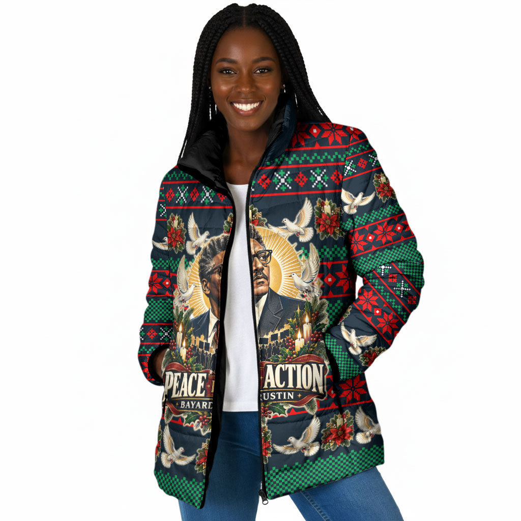 Bayard Rustin Peace In Action Christmas Padded Jacket Civil Rights Leader Holiday Floral Dove Peace Ugly Pattern