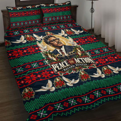 Bayard Rustin Peace In Action Christmas Quilt Bed Set Civil Rights Leader Holiday Floral Dove Peace Ugly Pattern