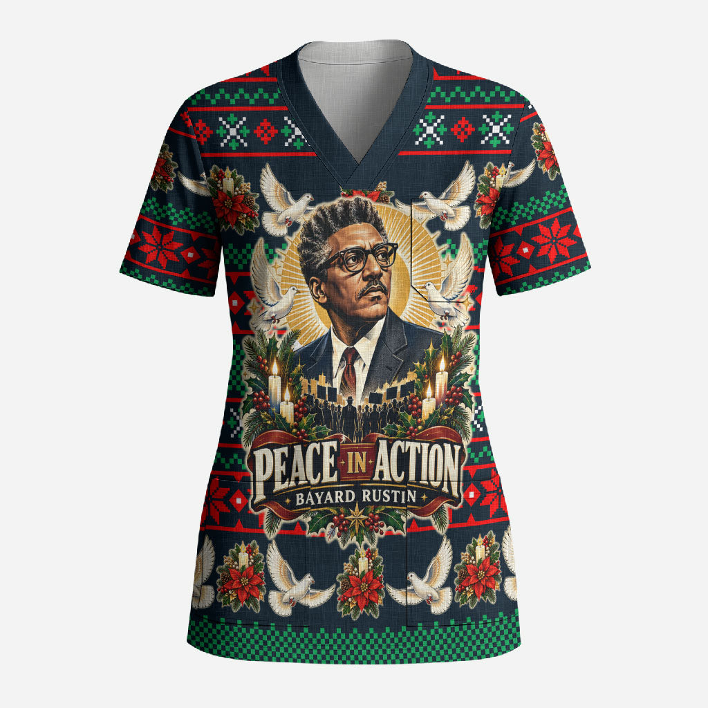 Bayard Rustin Peace In Action Christmas Scrub Top Civil Rights Leader Holiday Floral Dove Peace Ugly Pattern
