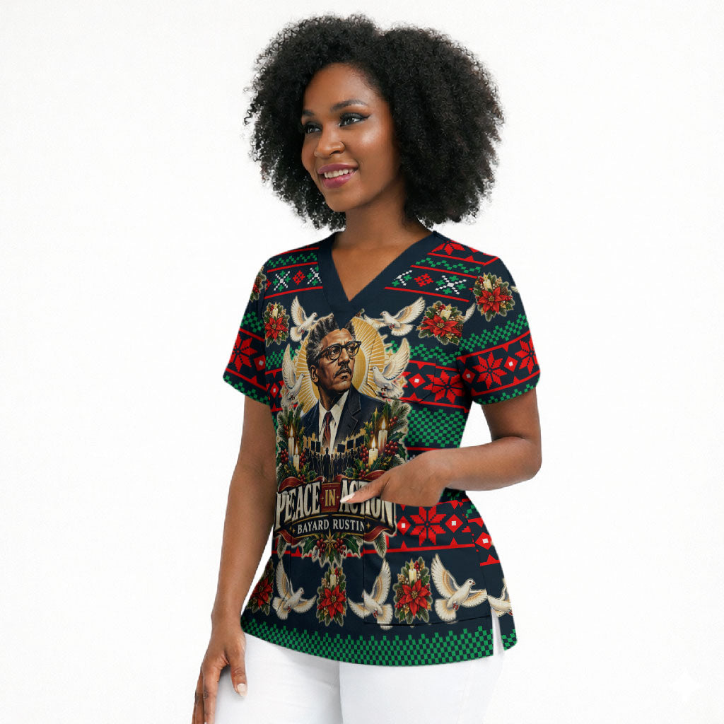 Bayard Rustin Peace In Action Christmas Scrub Top Civil Rights Leader Holiday Floral Dove Peace Ugly Pattern