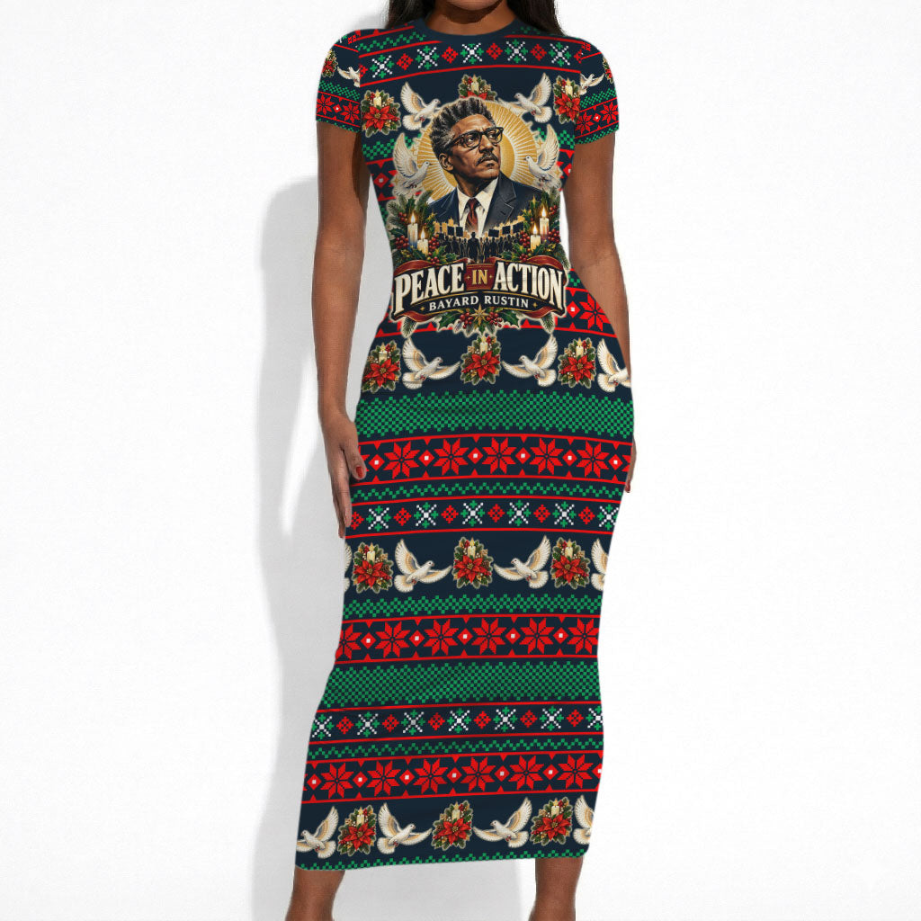 Bayard Rustin Peace In Action Christmas Short Sleeve Bodycon Dress Civil Rights Leader Holiday Floral Dove Peace Ugly Pattern