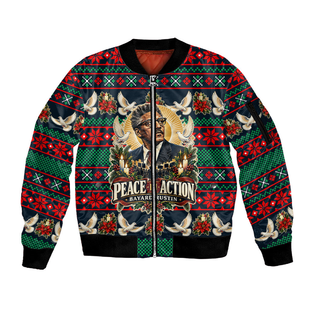 Bayard Rustin Peace In Action Christmas Sleeve Zip Bomber Jacket Civil Rights Leader Holiday Floral Dove Peace Ugly Pattern