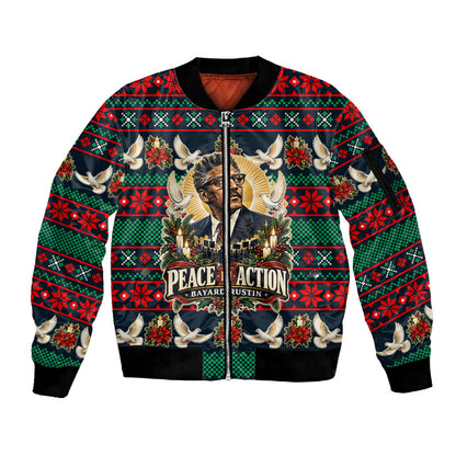 Bayard Rustin Peace In Action Christmas Sleeve Zip Bomber Jacket Civil Rights Leader Holiday Floral Dove Peace Ugly Pattern
