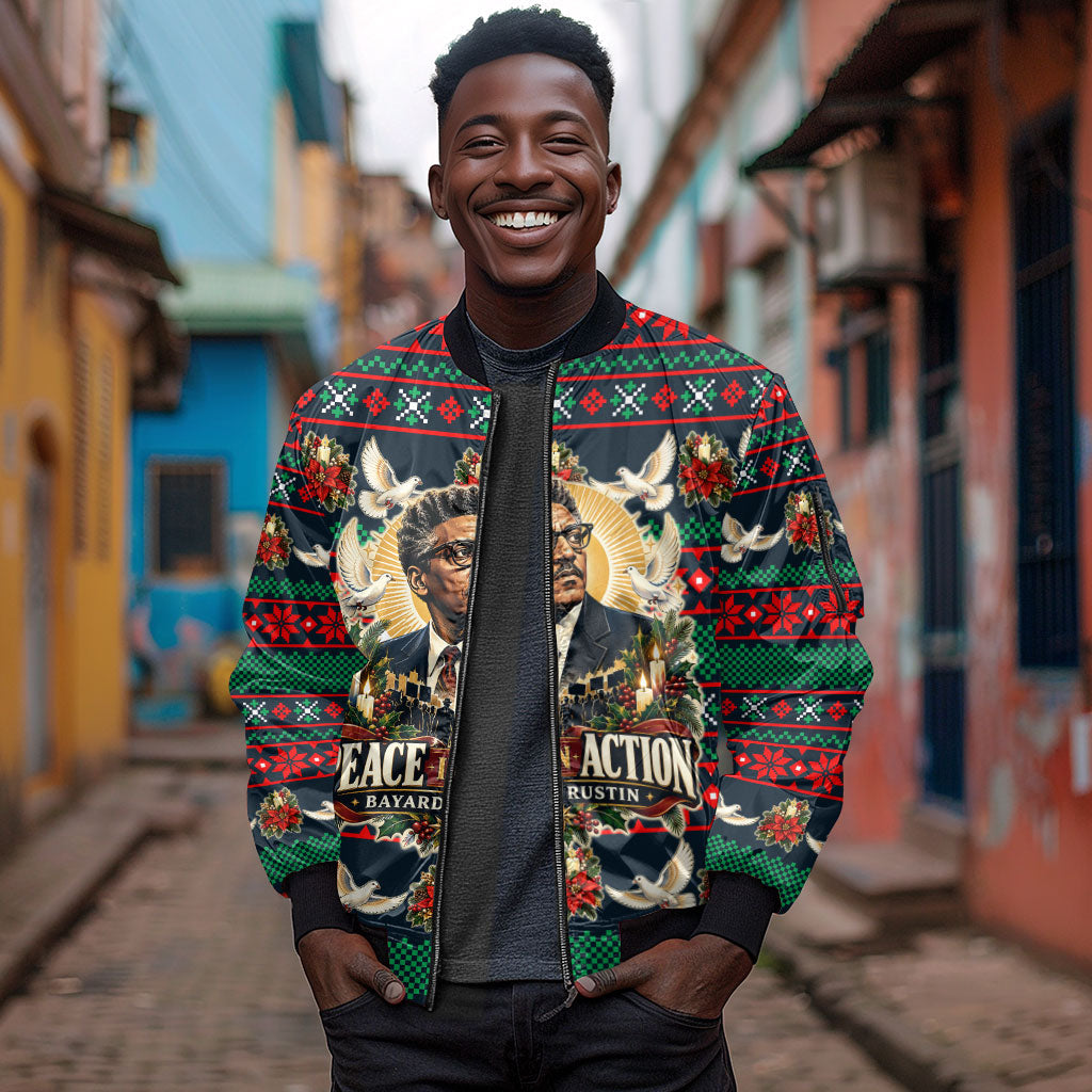Bayard Rustin Peace In Action Christmas Sleeve Zip Bomber Jacket Civil Rights Leader Holiday Floral Dove Peace Ugly Pattern