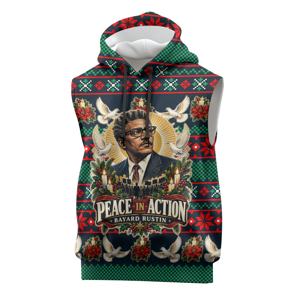 Bayard Rustin Peace In Action Christmas Sleeveless Hoodie Civil Rights Leader Holiday Floral Dove Peace Ugly Pattern