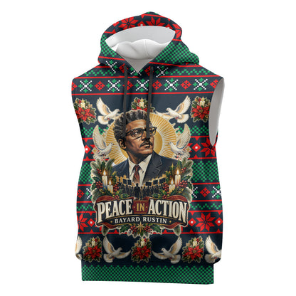 Bayard Rustin Peace In Action Christmas Sleeveless Hoodie Civil Rights Leader Holiday Floral Dove Peace Ugly Pattern