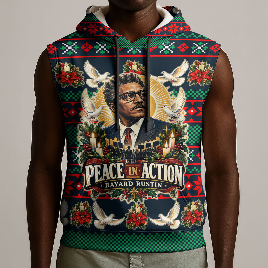 Bayard Rustin Peace In Action Christmas Sleeveless Hoodie Civil Rights Leader Holiday Floral Dove Peace Ugly Pattern