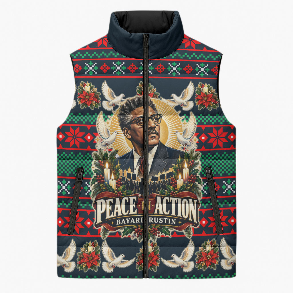 Bayard Rustin Peace In Action Christmas Sleeveless Puffer Jacket Civil Rights Leader Holiday Floral Dove Peace Ugly Pattern