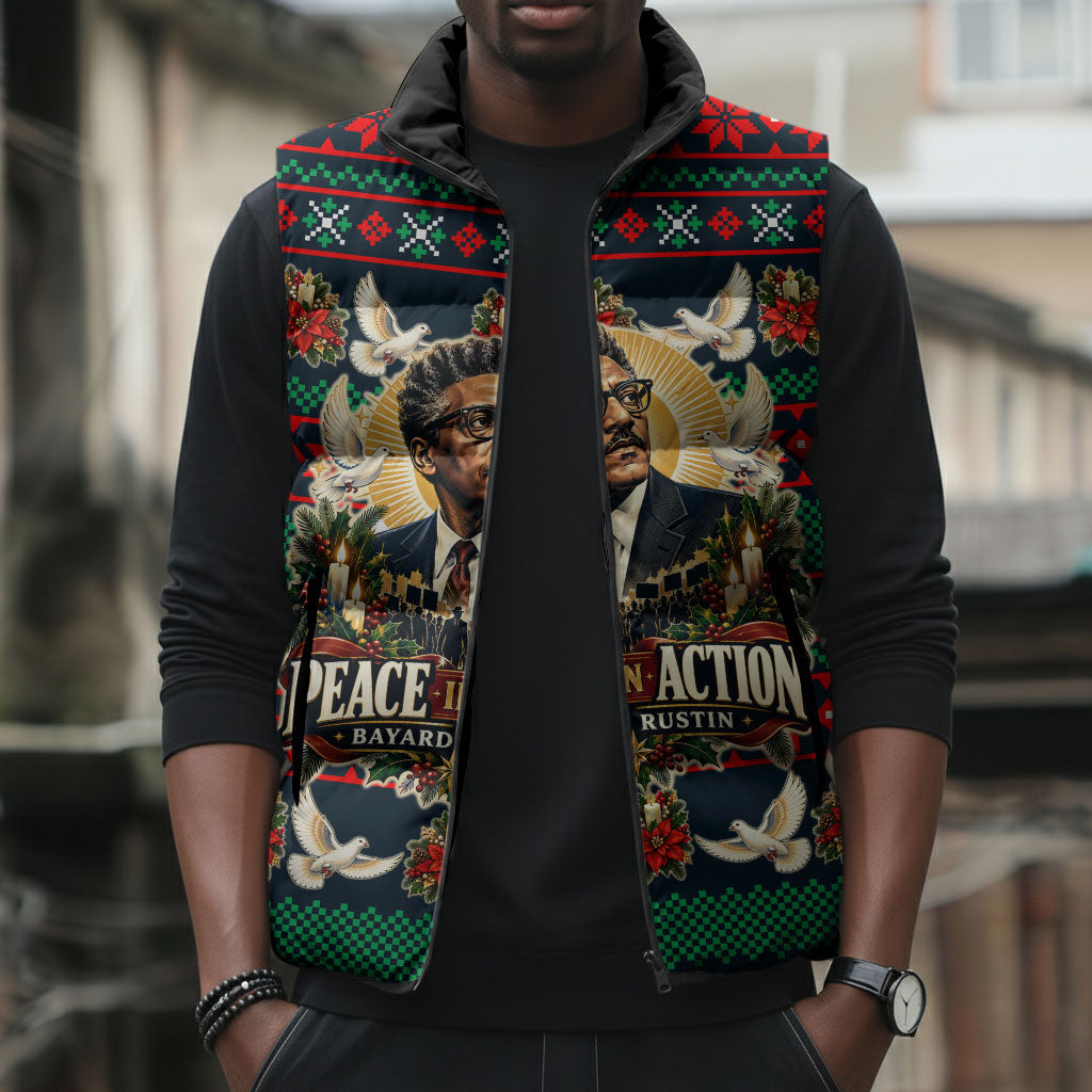Bayard Rustin Peace In Action Christmas Sleeveless Puffer Jacket Civil Rights Leader Holiday Floral Dove Peace Ugly Pattern