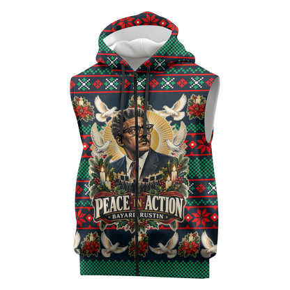 Bayard Rustin Peace In Action Christmas Sleeveless Zip Hoodie Civil Rights Leader Holiday Floral Dove Peace Ugly Pattern