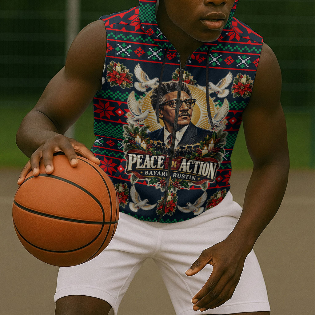 Bayard Rustin Peace In Action Christmas Sleeveless Zip Hoodie Civil Rights Leader Holiday Floral Dove Peace Ugly Pattern
