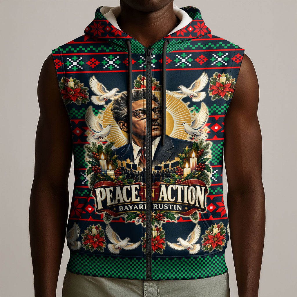 Bayard Rustin Peace In Action Christmas Sleeveless Zip Hoodie Civil Rights Leader Holiday Floral Dove Peace Ugly Pattern