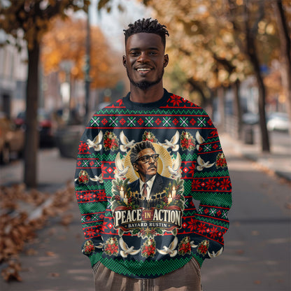 Bayard Rustin Peace In Action Christmas Sweatshirt Civil Rights Leader Holiday Floral Dove Peace Ugly Pattern