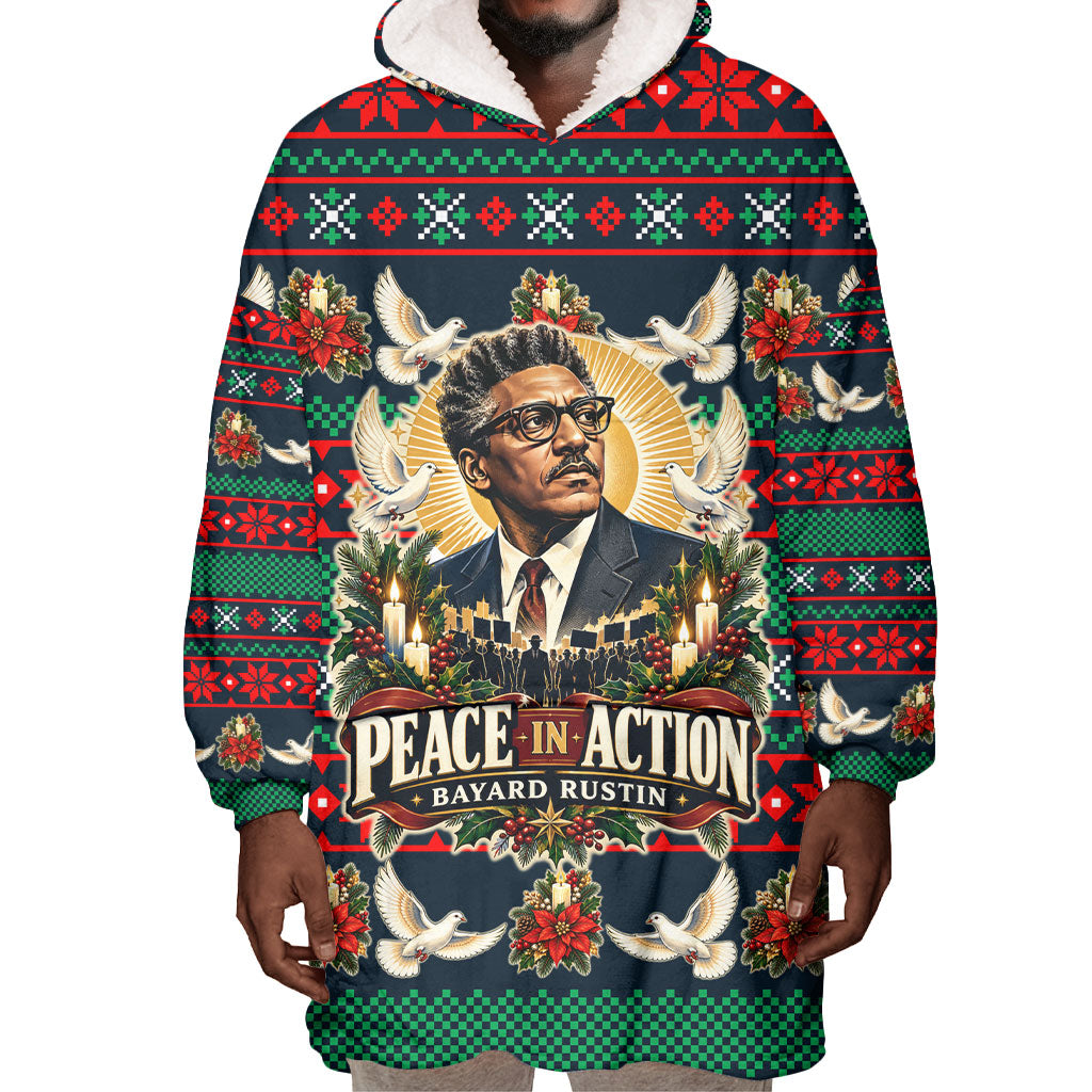 Bayard Rustin Peace In Action Christmas Wearable Blanket Hoodie Civil Rights Leader Holiday Floral Dove Peace Ugly Pattern