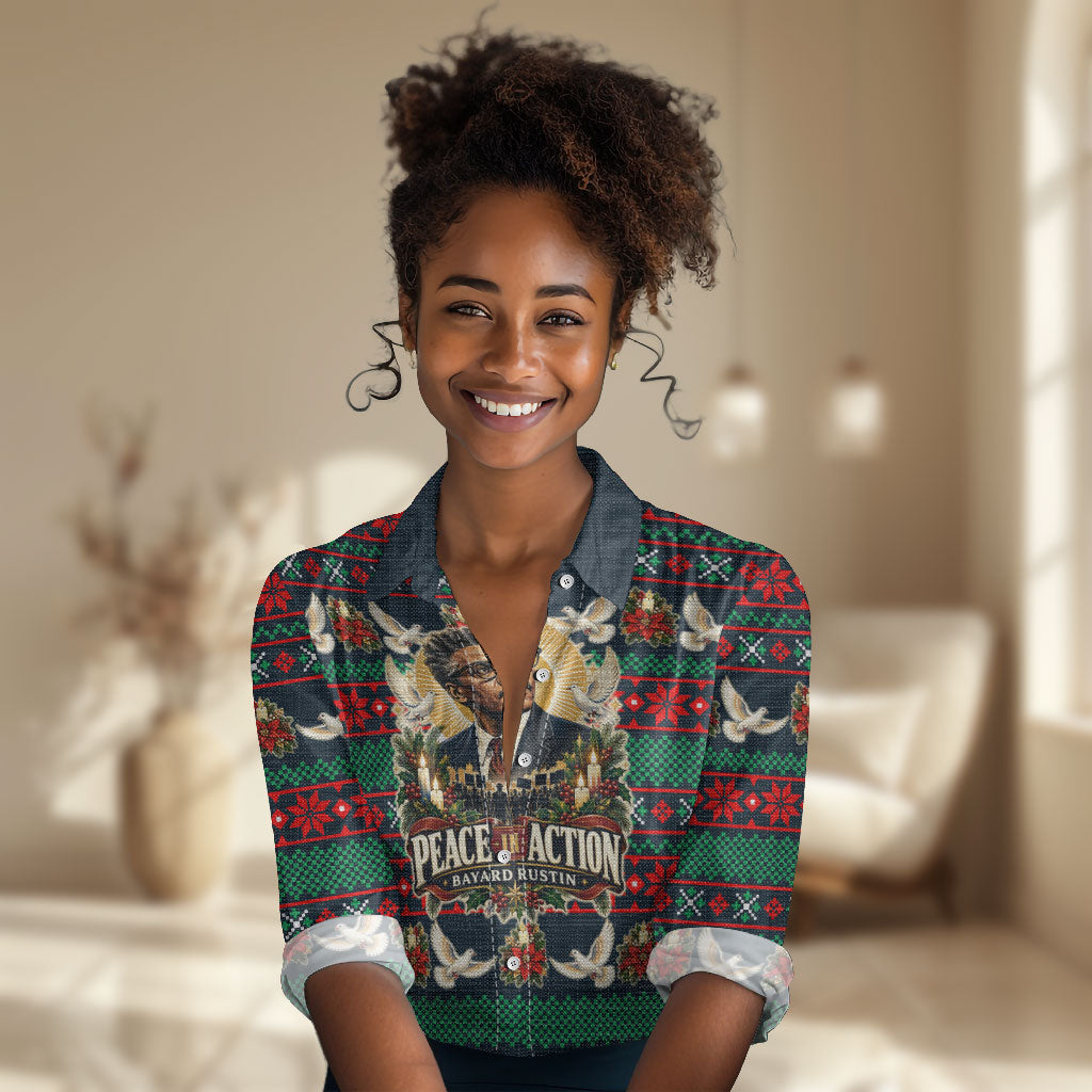 Bayard Rustin Peace In Action Christmas Women Casual Shirt Civil Rights Leader Holiday Floral Dove Peace Ugly Pattern