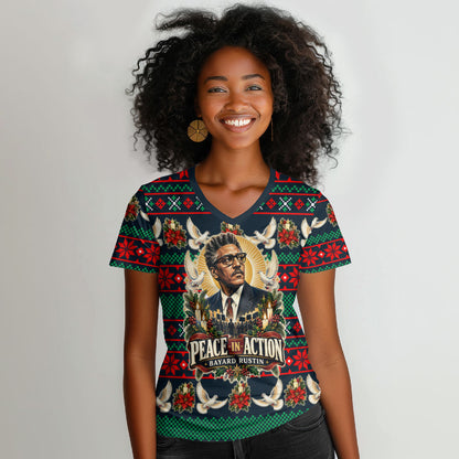 Bayard Rustin Peace In Action Christmas Women V-Neck T-Shirt Civil Rights Leader Holiday Floral Dove Peace Ugly Pattern