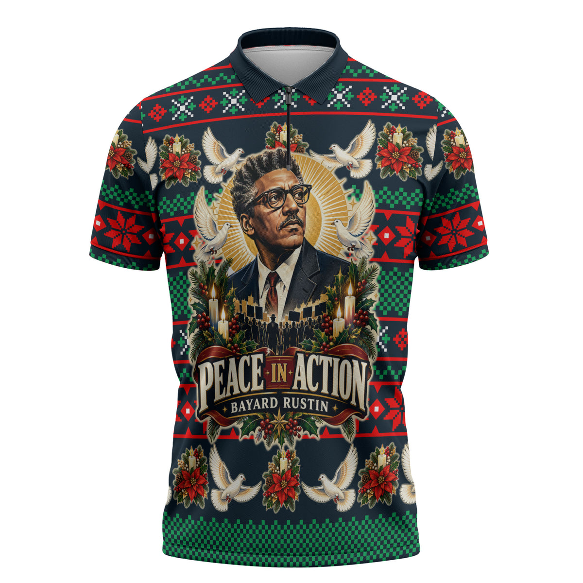Bayard Rustin Peace In Action Christmas Zipper Polo Shirt Civil Rights Leader Holiday Floral Dove Peace Ugly Pattern