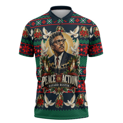 Bayard Rustin Peace In Action Christmas Zipper Polo Shirt Civil Rights Leader Holiday Floral Dove Peace Ugly Pattern