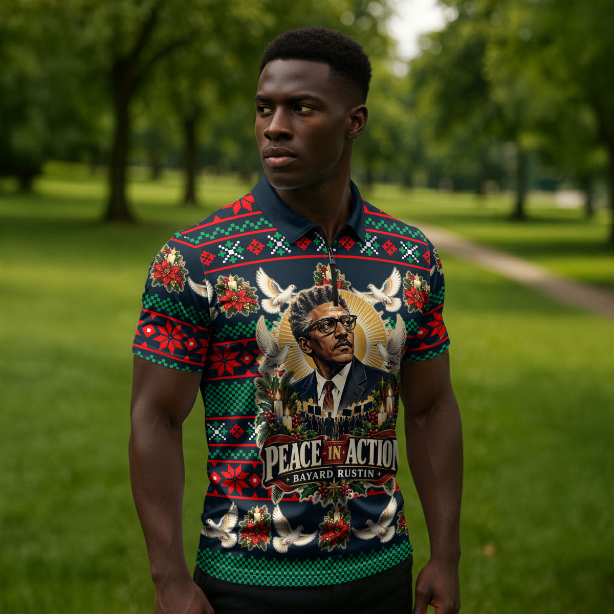 Bayard Rustin Peace In Action Christmas Zipper Polo Shirt Civil Rights Leader Holiday Floral Dove Peace Ugly Pattern