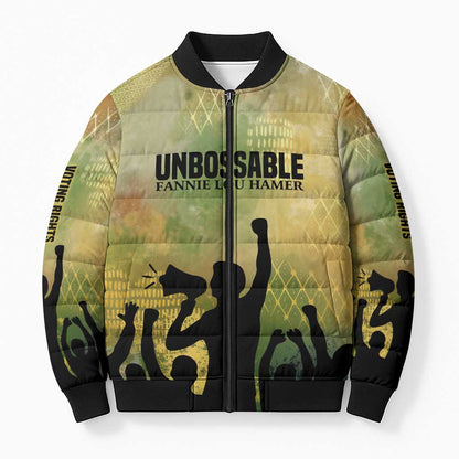 Fannie Lou Hamer Bomber Puffer Jacket Unbossable Quote Design Protest Silhouettes and Voting Rights Tribute - African Pride