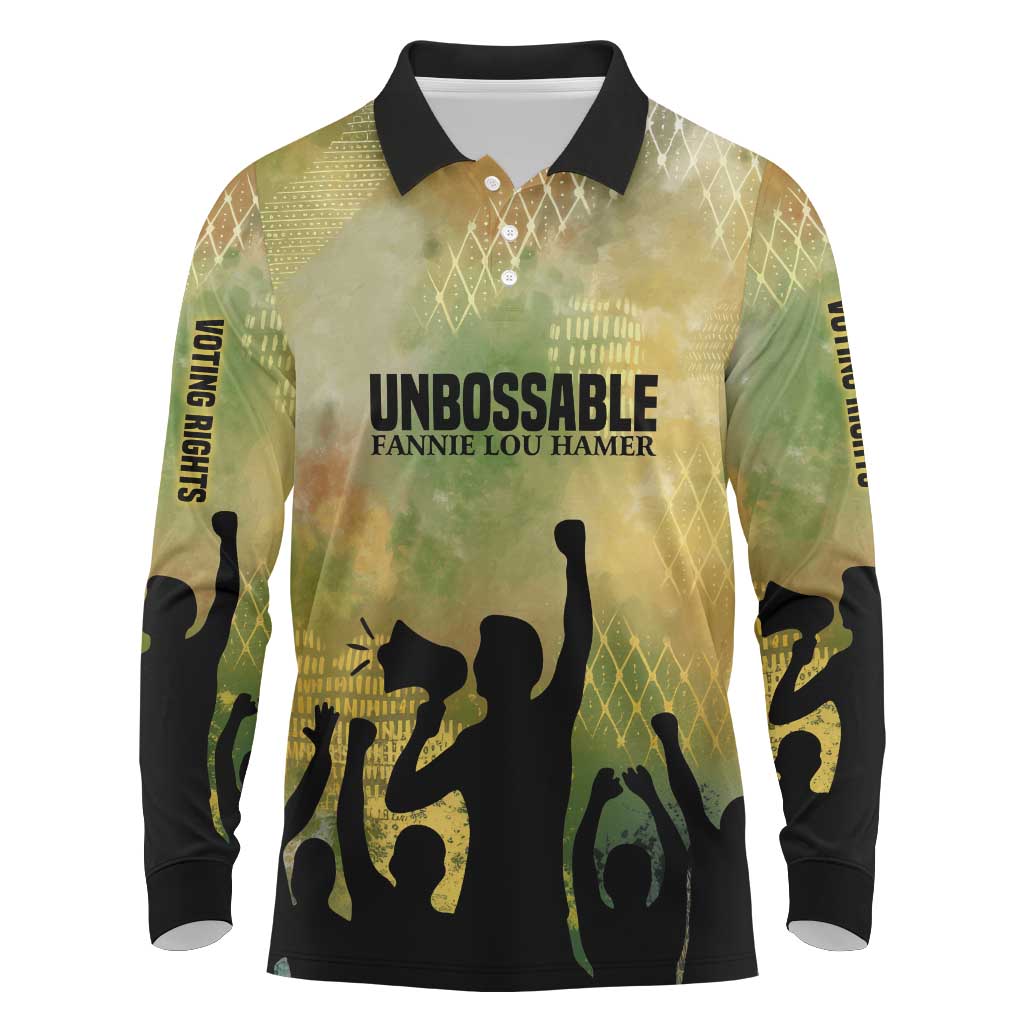 Fannie Lou Hamer Long Sleeve Polo Shirt Unbossable Quote Design Protest Silhouettes and Voting Rights Tribute - African Pride