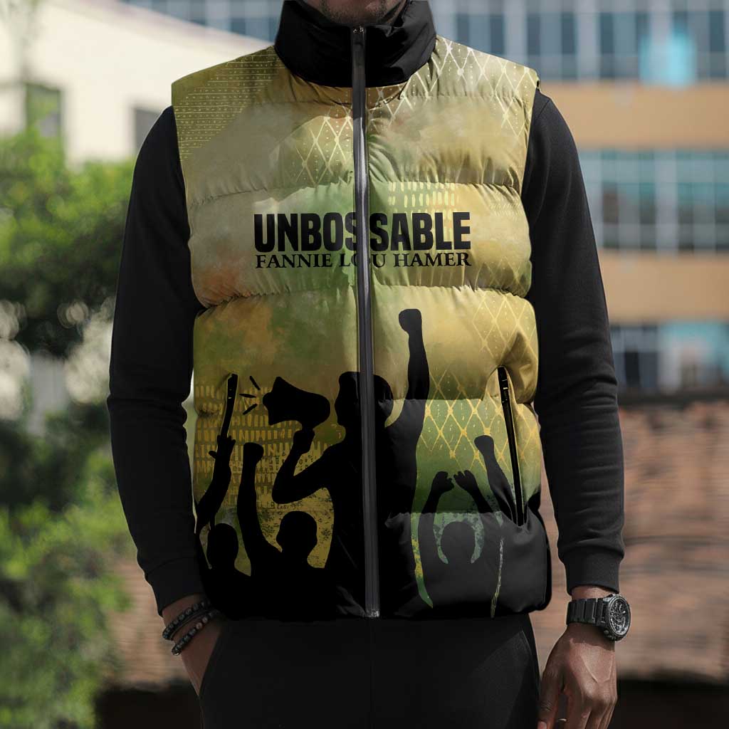 Fannie Lou Hamer Sleeveless Puffer Jacket Unbossable Quote Design Protest Silhouettes and Voting Rights Tribute - African Pride
