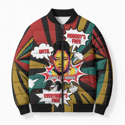 Fannie Lou Hamer Bomber Puffer Jacket with Pop Art Comic Style Design Bold Quote and Civil Rights Tribute - African Pride