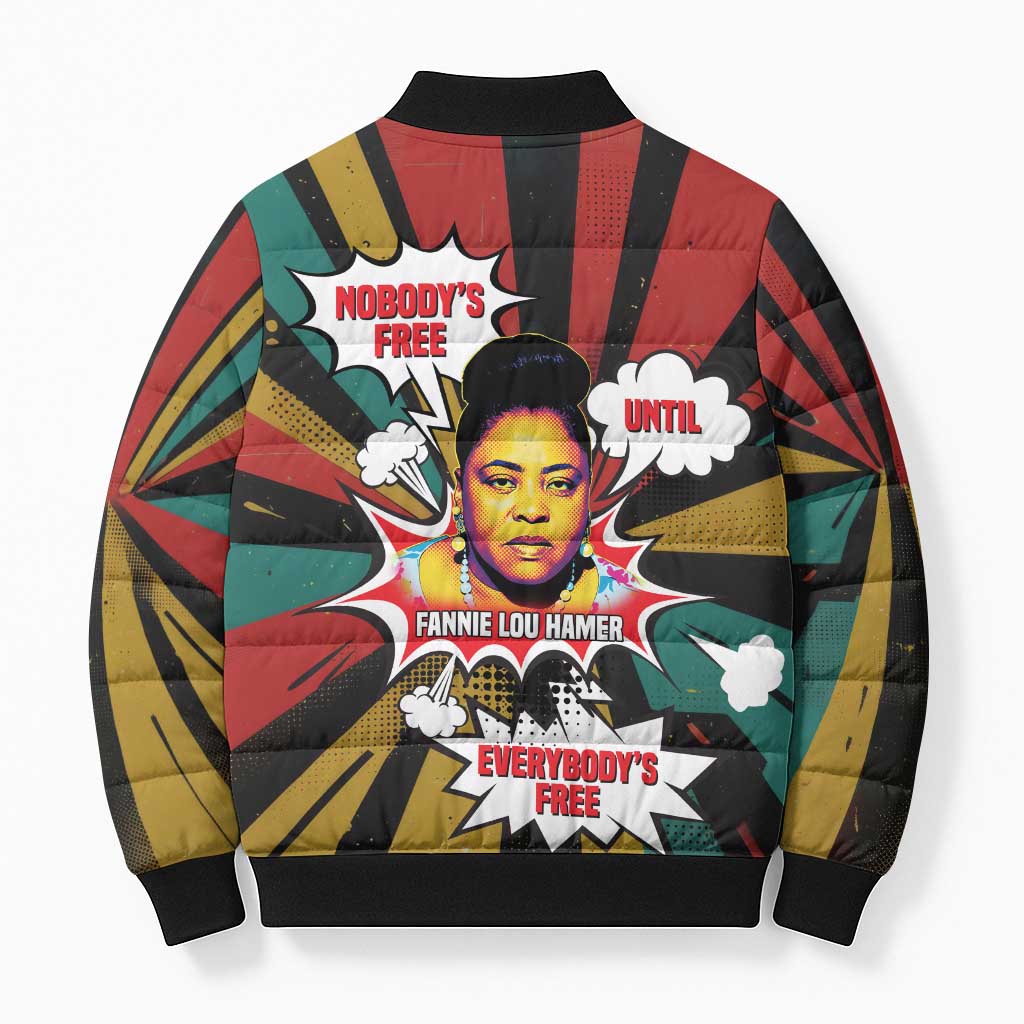 Fannie Lou Hamer Bomber Puffer Jacket with Pop Art Comic Style Design Bold Quote and Civil Rights Tribute - African Pride