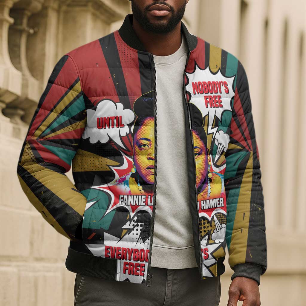 Fannie Lou Hamer Bomber Puffer Jacket with Pop Art Comic Style Design Bold Quote and Civil Rights Tribute - African Pride